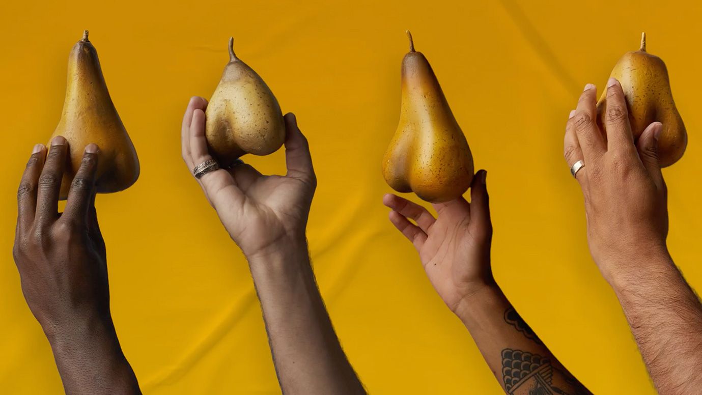 A graphic of four pears that look like male genitalia. 