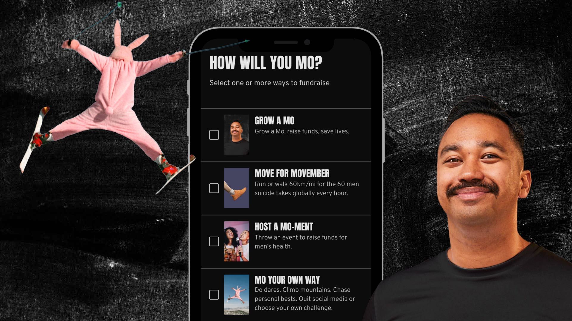 Images of smartphone, showing a screen on the Movember app.
